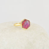 Red Aurora Opal Ring, Red Hexagon 10mm Gemstone Sterling Silver Ring, 18k Gold Plated Vintage Ring, Red Stone Ring, Red Silver Ring For Her
